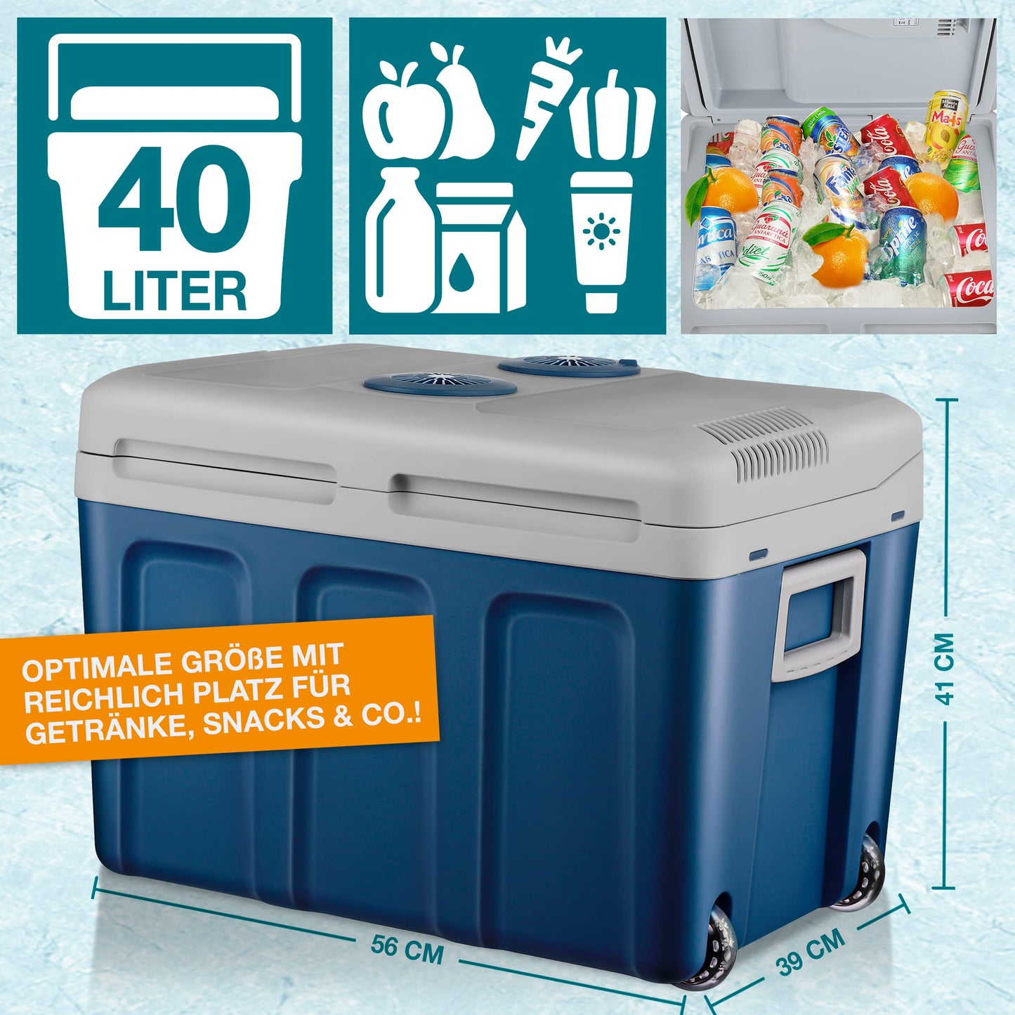 TOM 2in1 XXL cooler 40l with cooling and heating function - electric coolbox with wheels - 230V & 12V power connection - Electric - for car, camping, caravan & Co - PLUS gift (Blue)