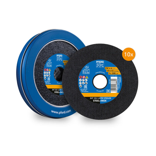 Horse cutting discs in handy metal tin, 10 pieces, 125 x 1.0 x 22.23 mm, straight, PSF STEELOX (22.23 mm), 69121091- for steel and stainless steel (INOX) with high cutting performance and good service life.