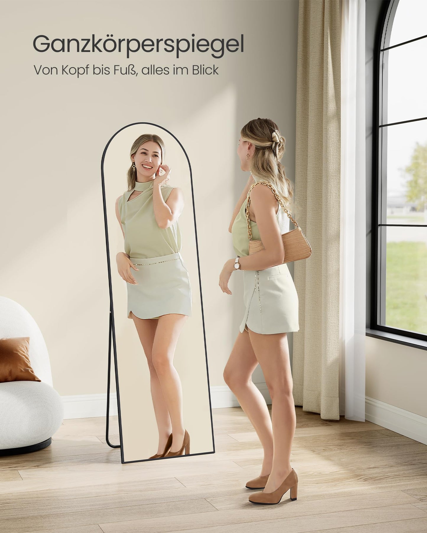SONGMICS Full-Length Mirror, 160 x 50 cm, Curved Floor Mirror, Aluminum Alloy Frame, Tempered Glass, for Bedroom, Living Room, Wardrobe, Ink Black LFM031B01