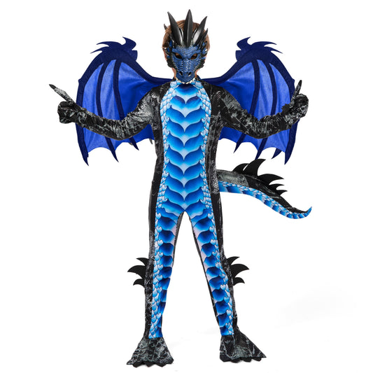 Spooktacular Creations Kids Boys Black and Blue Dragon Costume, Dragon Wings and Mask, Halloween Suit Dragon Outfit for Boys for Halloween Parties, Cosplay-L