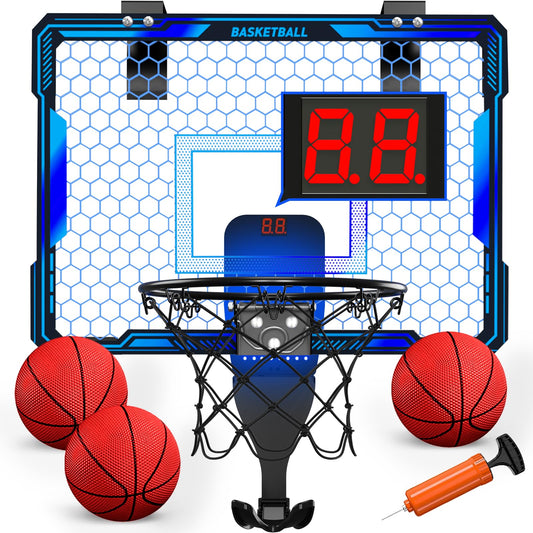 HYES Mini basketball hoop with 7 lighting for kids, electronic scoreboard, 3 balls, pump, indoor outdoor basketball hoop sports toy for kids, blue.