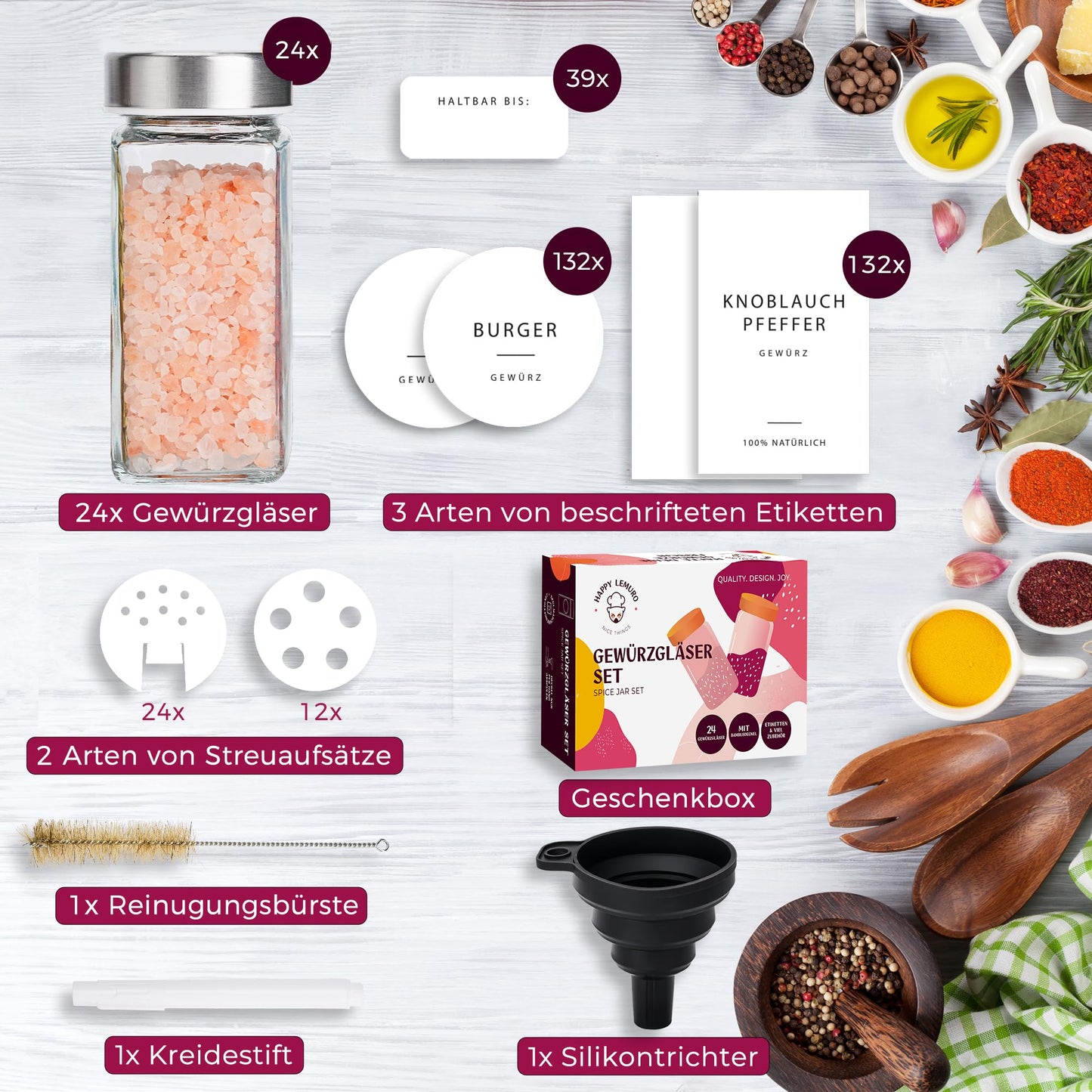 Happy Lemuro 24-Piece Spice Jar Set [120ml] with 301 labels in German | Spice jars with shaker tops, premium stainless steel lids & accessories - spice container set, spice storage, spice organizer