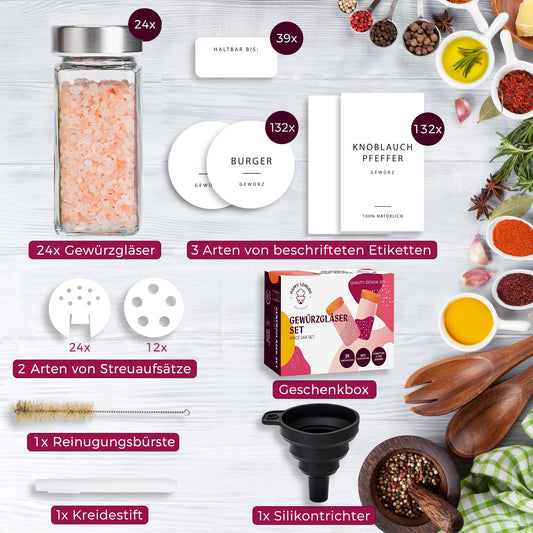 Happy Lemuro 24-Piece Spice Jar Set [120ml] with 301 labels in German | Spice jars with shaker tops, premium stainless steel lids & accessories - spice container set, spice storage, spice organizer