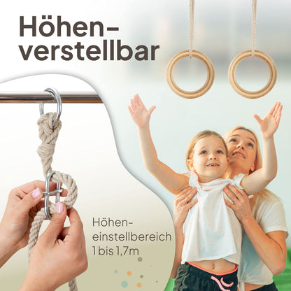 Woudi® wooden gymnastic rings made of laminated solid wood, swing rings with adjustable ropes, for kids and adults I Indoor & Outdoor use I gymnastic rings I toy (17cm outer diameter).