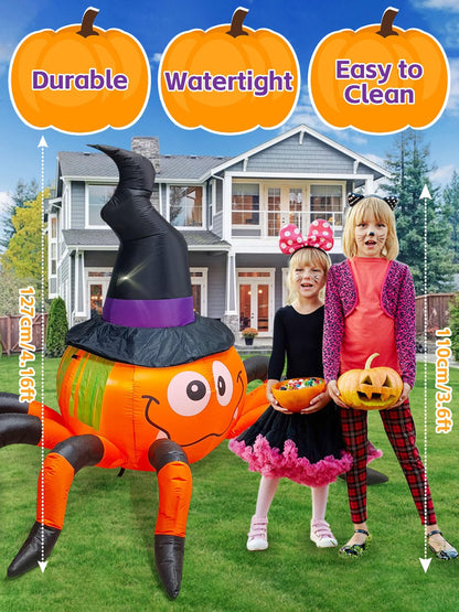 Kalolary 6.5FT Inflatable Pumpkin Spider with Witch Hat - Halloween decoration for indoor and outdoor use