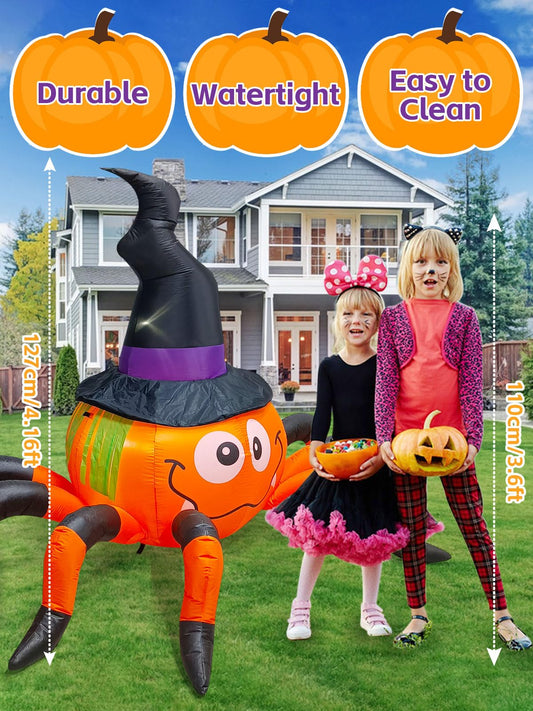 Kalolary 6.5FT Inflatable Pumpkin Spider with Witch Hat - Halloween decoration for indoor and outdoor use