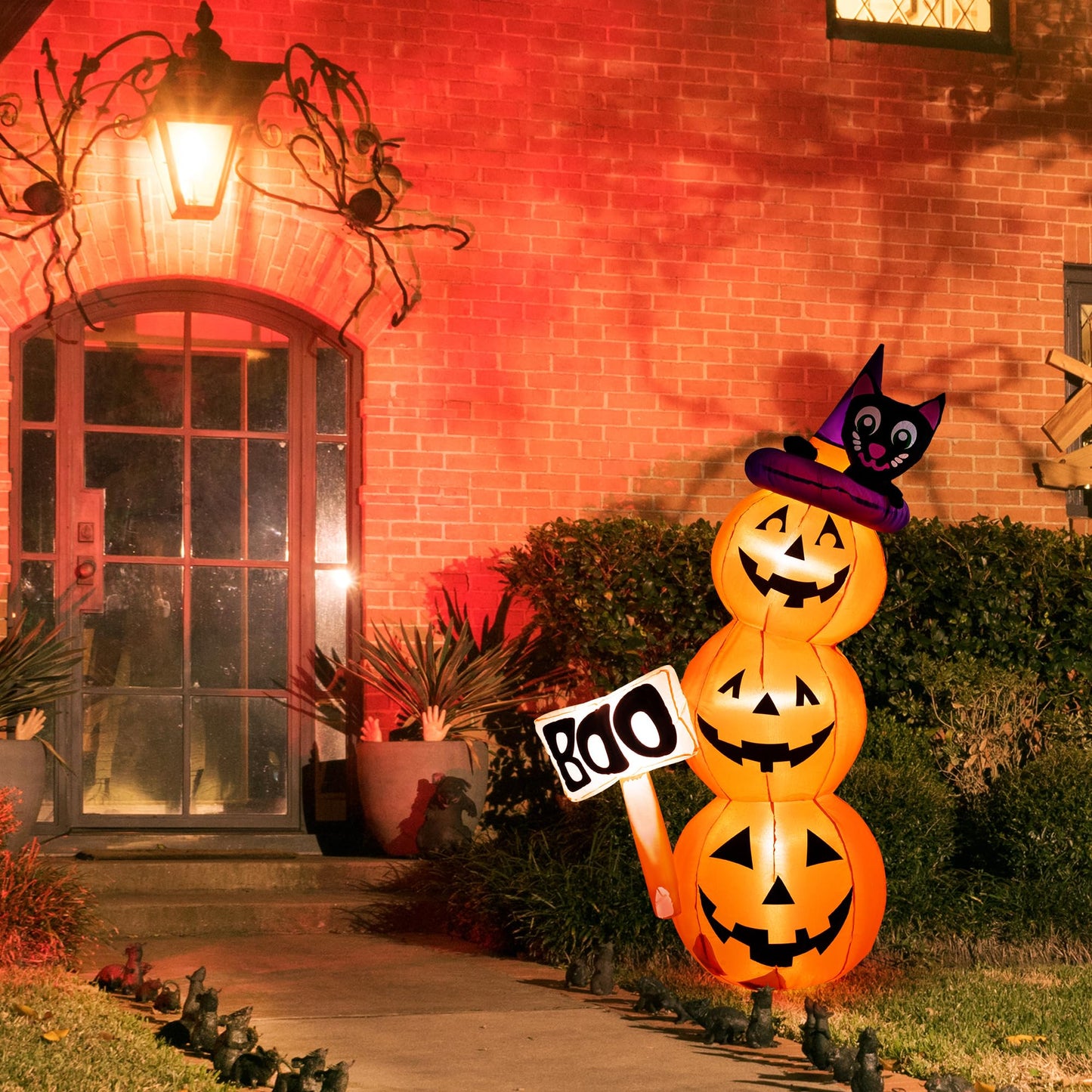Solpex Halloween decoration, inflatable pumpkin and black cat decoration, 150cm/5FT stacked pumpkin with LED lighting for party, garden, lawn, yard decoration (orange & white)