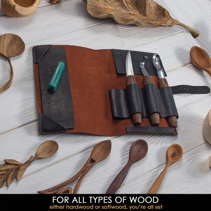 BeaverCraft Spoon Carving Tool Set S14x Carving Knife Set, Wood Carving Tools - Wood Carving Set with Carving Knife, Hook Knife, Chisel, Gouge, Leather Strop for Sharpening, Tool Roll