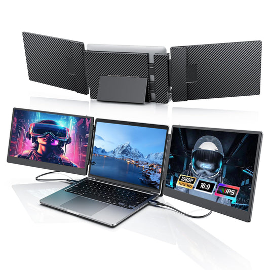 Portable monitor for laptop, 14” triple laptop screen extender, FHD 1080p portable monitor screen expansion, plug & play no driver compatible with Windows Mac Android.