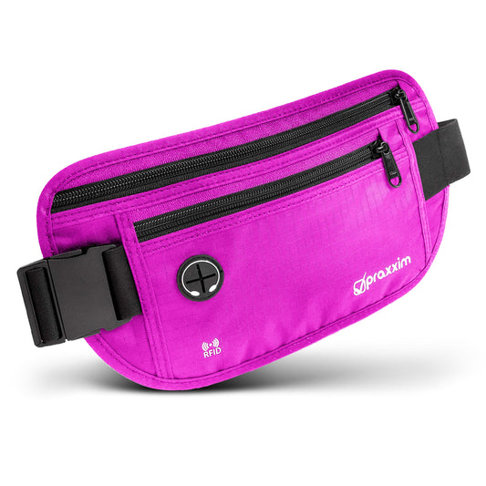 Praxxim The travel fanny pack - THEFT-PROOF with RFID protection - Extra flat fanny pack wearable under clothing - Hip bag - Travel fanny pack - Money belt for women and men - pink