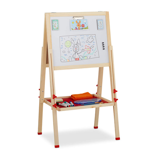 Relaxdays kids' easel, whiteboard and chalkboard, adjustable height, wooden stand, 102-135 x 55 x 52 cm, natural, light brown, white, dark green.