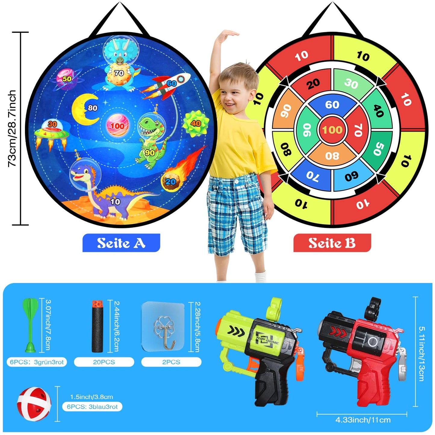 Oneyus kids dartboard 73cm, kids toy double-sided dartboard with 2 blasters 20 foam bullets 6 Velcro ball throwing game kids balls, 6 darts, indoor outdoor games for kids gifts.