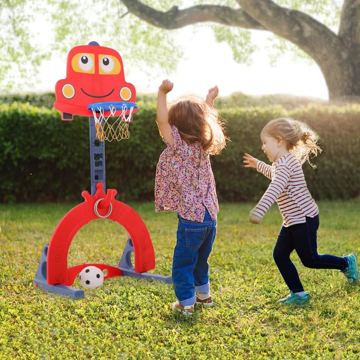 Kids Basketball Hoop Stand, Adjustable Height from 124 to 178 cm. Basketball set with adjustable hoop, soccer goal, and ball games. Interactive learning toy for babies, toddlers (red).