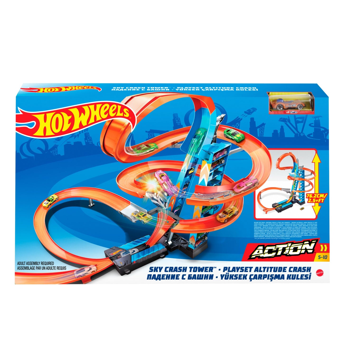 Hot Wheels GJM76 - Sky Crash Tower 83 cm tall with battery-powered accelerator and looping, gift for kids aged 5+.