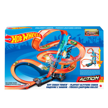 Hot Wheels GJM76 - Sky Crash Tower 83 cm tall with battery-powered accelerator and looping, gift for kids aged 5+.