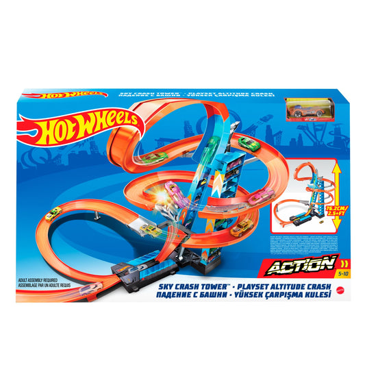 Hot Wheels GJM76 - Sky Crash Tower 83 cm tall with battery-powered accelerator and looping, gift for kids aged 5+.