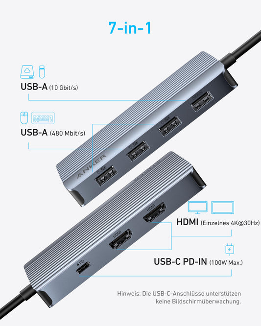 Anchor 7-in-1 USB-C Hub, Dual Display USB-C Docking Station, Dual HDMI Display, 100W Power Delivery, 10Gbit/s data transfers, USB ports for MacBook Air/Pro, Dell XPS, iPad Pro, and more.
