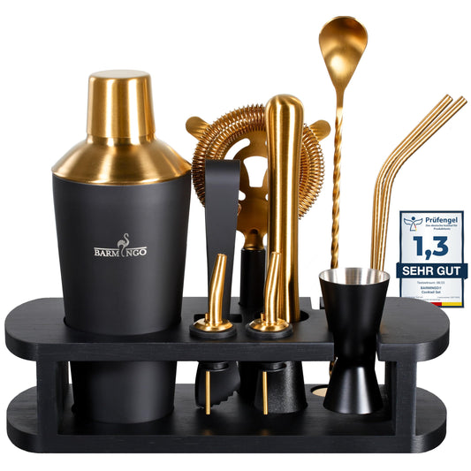 BARMINGO® Stainless Steel Cocktail Set 11pcs. - 700ml Cocktail Shaker Set with Stand and Bar Accessories, Cocktail Shaker Set | Bartender Set | Cocktail Mixing Set | Bar Set | Gift Set | Black & Gold