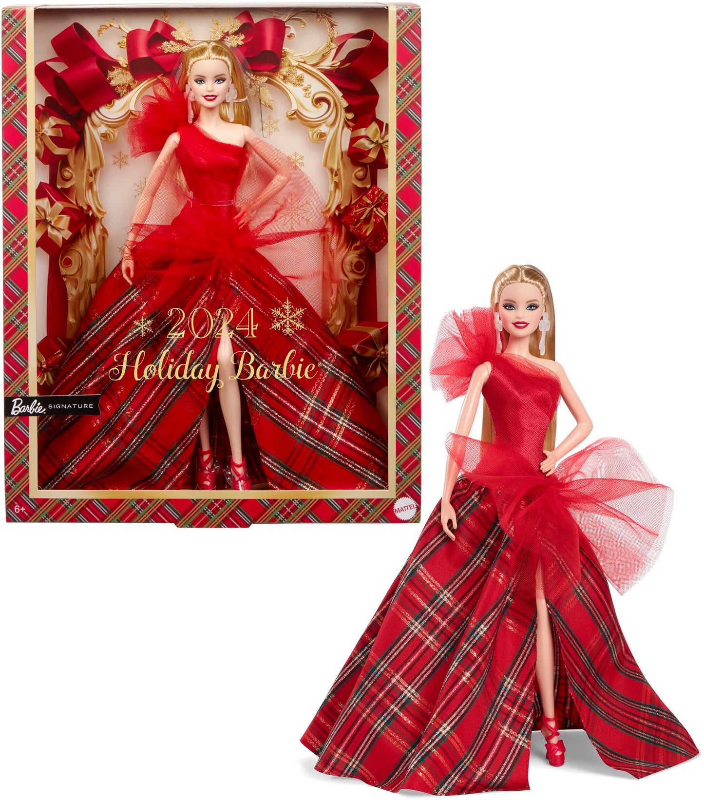 Barbie Signature Doll, Holiday Blonde Fashion Doll wearing gown with plaid skirt, seasonal collector gift in displayable packaging, HRM65.