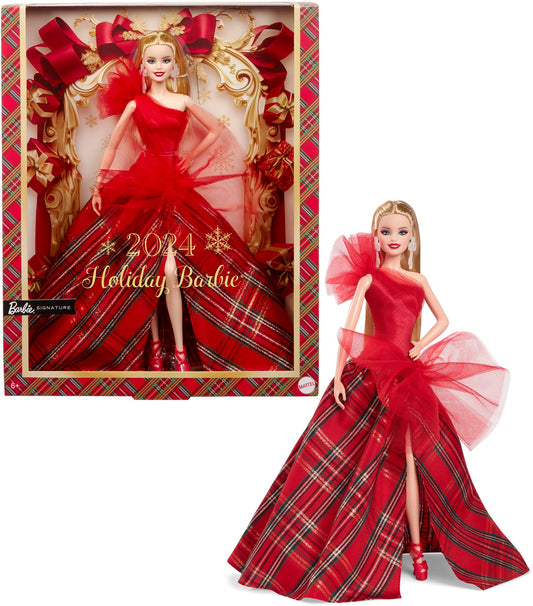 Barbie Signature Doll, Holiday Blonde Fashion Doll wearing gown with plaid skirt, seasonal collector gift in displayable packaging, HRM65.
