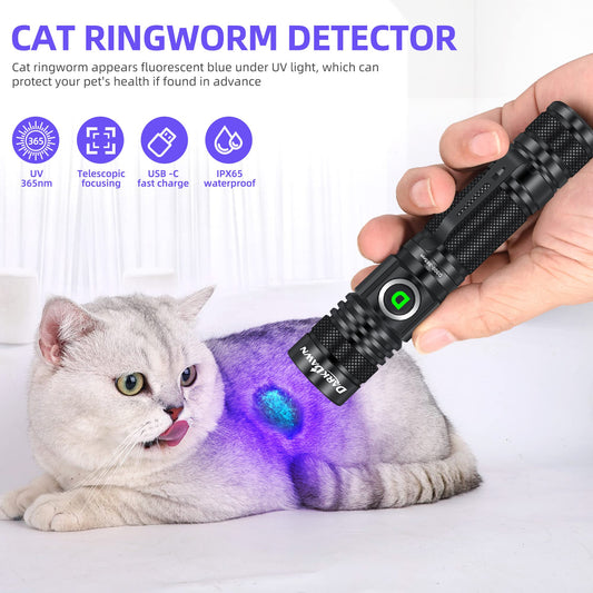 DARKDAWN UV flashlights 365nm and 395nm light USB rechargeable, ultraviolet LED blacklight woods lamp, mini detector for pet urine, stains, uranium glass, amber, resin curing, 2 pieces.