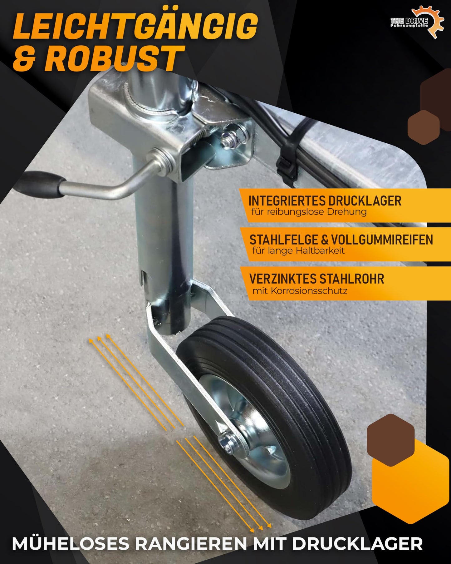 The Drive | jockey wheel 150kg | for car trailers | Ø 48mm with clamp holder | including attachment kit