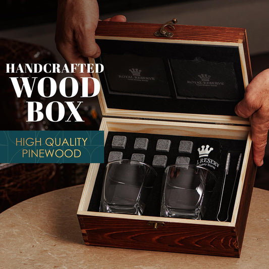 Whiskey gift set - whiskey glasses, stones, coasters, ice tongs, wooden box, history and recipe cards, velvet bag - accessory set, gift for men, husband, from Royal Reserve
