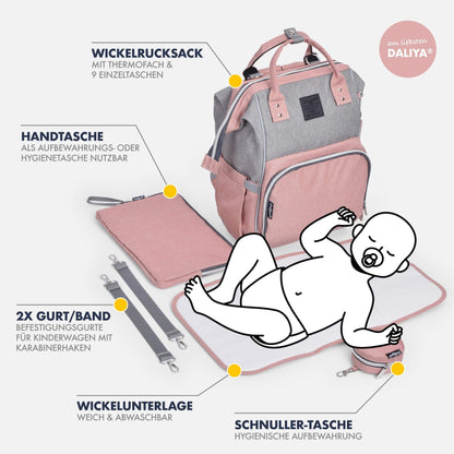 Daliya® PAKMI diaper backpack with pacifier pocket & changing pad & changing pad pouch & keychain - diaper bag mom bag backpack with lots of storage space - pink grey
