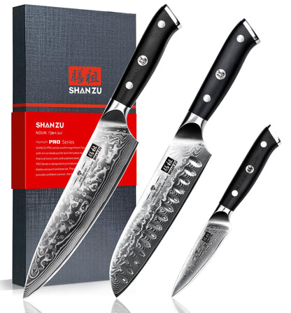 SHAN ZU 3-piece Damascus Knife Set, made of Japanese super steel with high carbon content. It features a G10 handle and comes in a gift box.