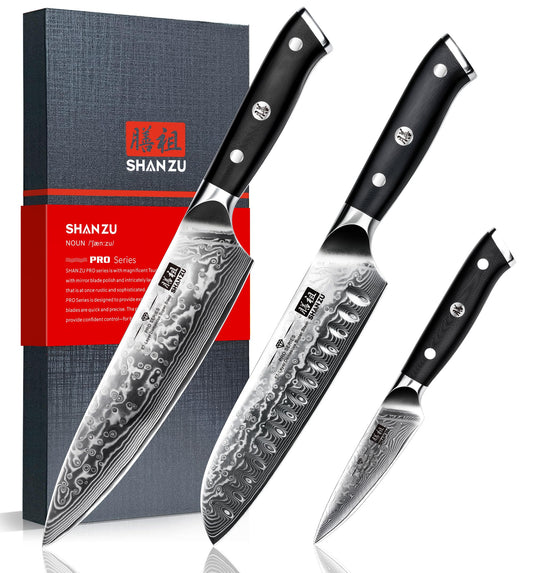 SHAN ZU 3-piece Damascus Knife Set, made of Japanese super steel with high carbon content. It features a G10 handle and comes in a gift box.