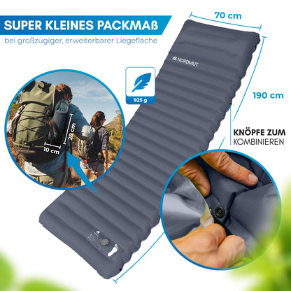 NORDMUT Self-Inflating Sleeping Pad 10cm - Camping Mat with small pack size - Self-Inflating Air Mattress for easy inflation - Camping Mattress Ultra comfortable (Dark Gray)