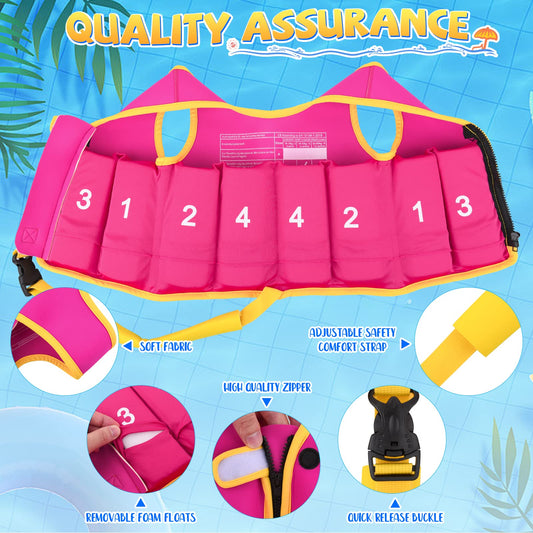 Petiyark Adjustable Kids Swim Vest, Neoprene Swim Aid for Children, Lightweight and comfortable, Supports swim training, Suitable for boys and girls aged 3-6 years - Pink.