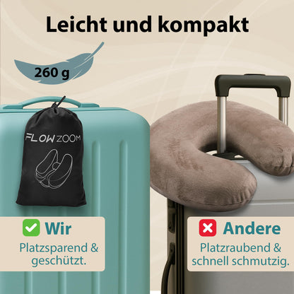 FLOWZOOM Inflatable Airplane Travel Pillow with H-Design, 5 Sleep Positions, and Hood in Grey.