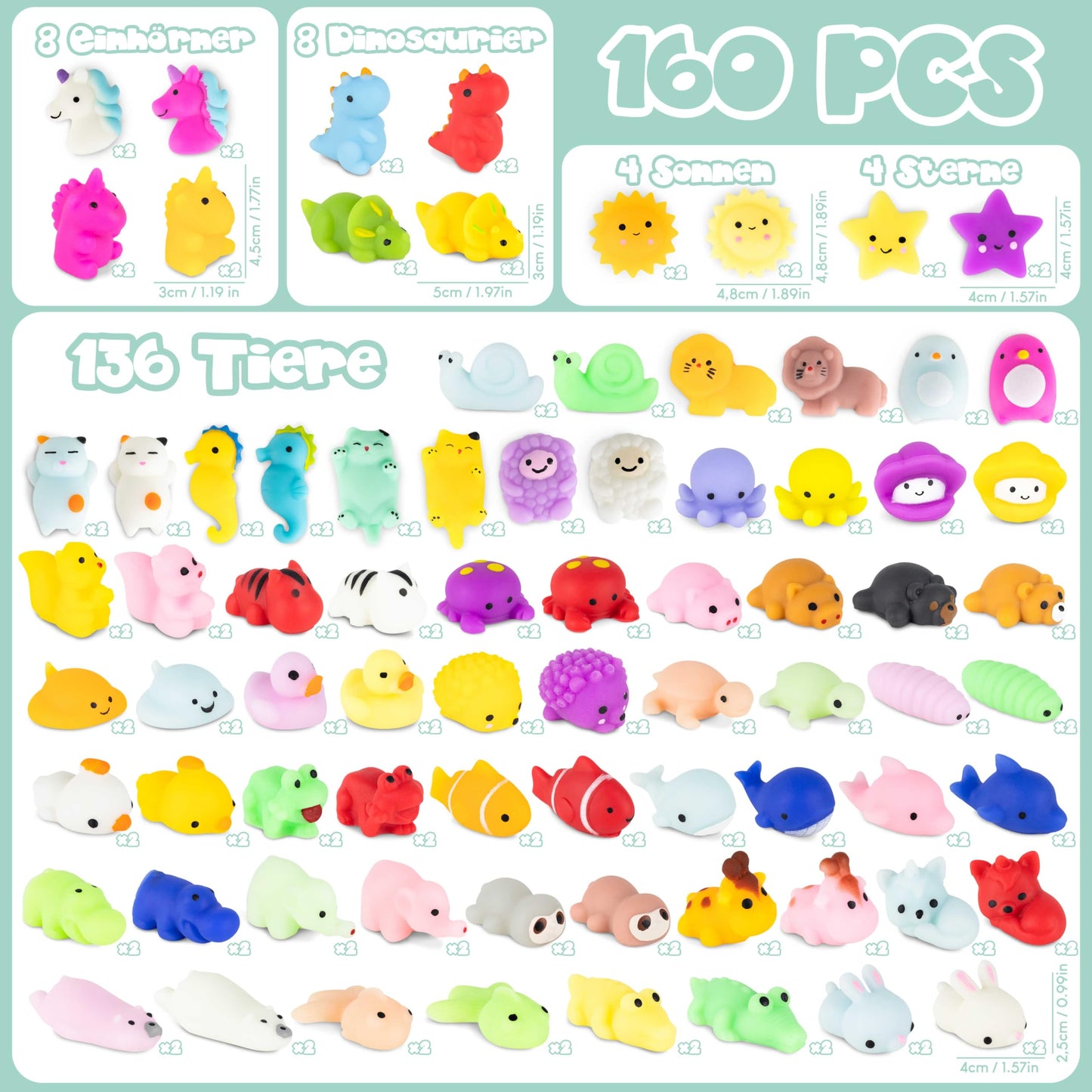 Mochi Squishy Set as party favors for kids' birthday parties: 160 pieces by BONNYCO. Perfect little gifts for children, ideal for party favors, pinata fillers, and back-to-school giveaways.