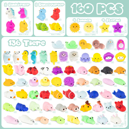 Mochi Squishy Set as party favors for kids' birthday parties: 160 pieces by BONNYCO. Perfect little gifts for children, ideal for party favors, pinata fillers, and back-to-school giveaways.