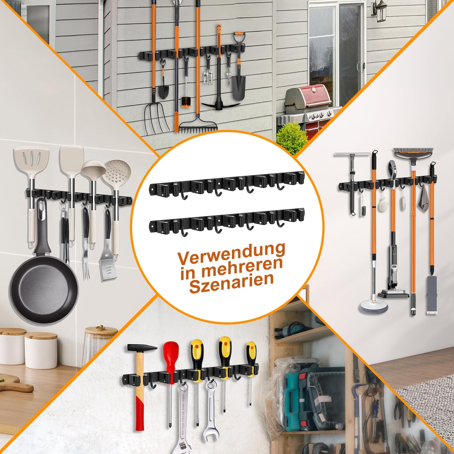 OMerima 2 Piece Broom Holder Wall, 10 Holders + 8 Hooks Stainless Steel Tool Holder, Self-Adhesive Garden Tool Holder and Broom Holder, Black Wall Mount Hanger for Brooms