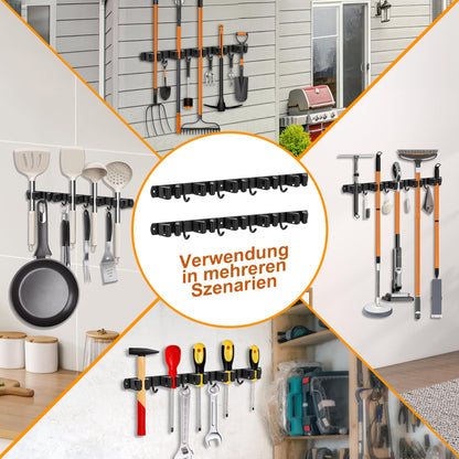 OMerima 2 Piece Broom Holder Wall, 10 Holders + 8 Hooks Stainless Steel Tool Holder, Self-Adhesive Garden Tool Holder and Broom Holder, Black Wall Mount Hanger for Brooms