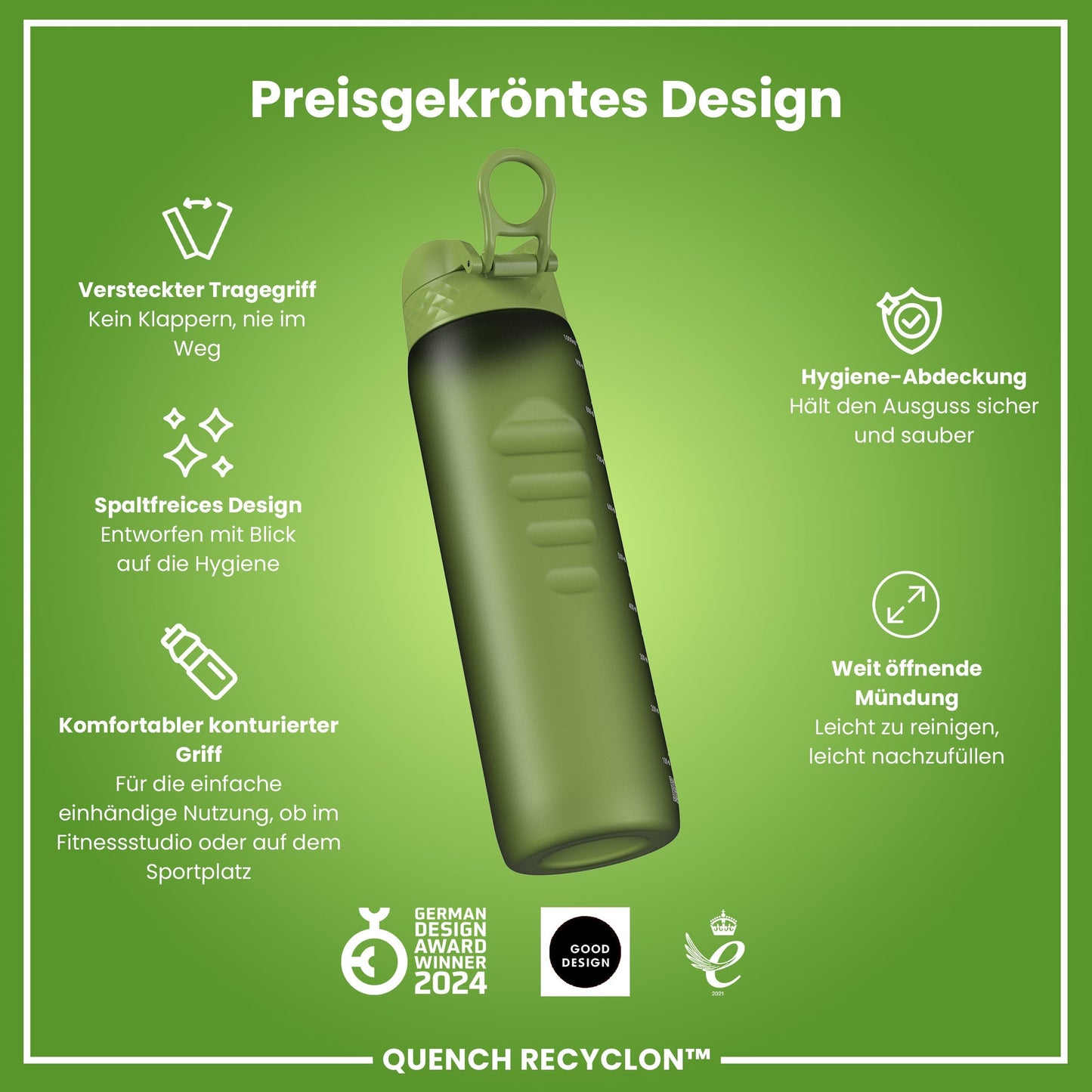 ion8 1 liter water bottle, 1000ml, leak proof, one-handed opening, secure locking, dishwasher safe, BPA-free, carrying handle, easy to clean, perfect for sports and gym, khaki green