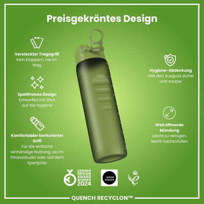 ion8 1 liter water bottle, 1000ml, leak proof, one-handed opening, secure locking, dishwasher safe, BPA-free, carrying handle, easy to clean, perfect for sports and gym, khaki green
