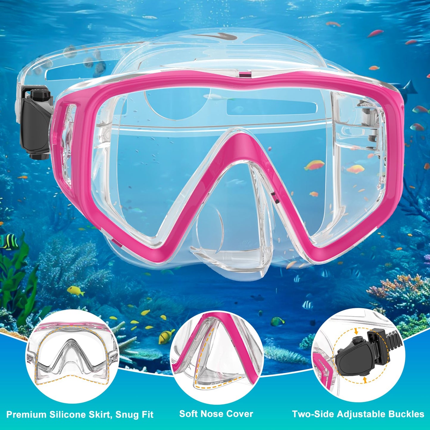 JEMULICE Adult Snorkel Set, Snorkeling Set with Diving Mask and Dry Snorkel for Men and Women, Anti-Leak & Anti-Fog Dive Mask made of Tempered Glass for Diving, Snorkeling, and Swimming.