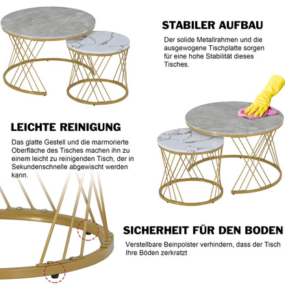 Modern Round Coffee Table Set of 2, Side Table Set, Coffee Table Set Marble Veneer Sofa Side Nest of Tables Round End Tables, Set of Tables for Living Room Bedroom, Gold Frame (White + Gray)