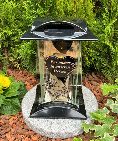 Grave lamp Lantern Grave light with design and saying - Forever in our hearts - Grave candle 27 cm H. Grave decoration New model without base, hard plastic - ACRYL - glass, black.