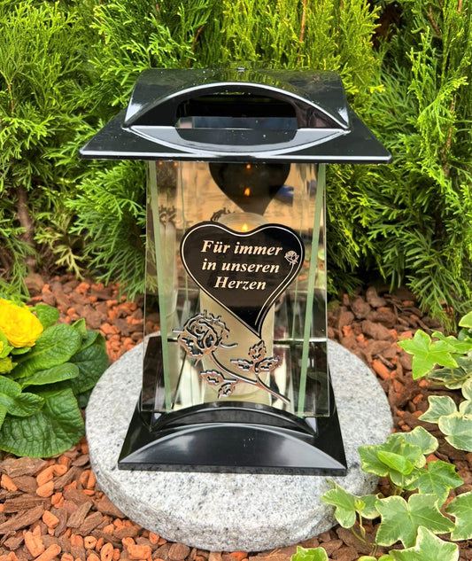 Grave lamp Lantern Grave light with design and saying - Forever in our hearts - Grave candle 27 cm H. Grave decoration New model without base, hard plastic - ACRYL - glass, black.