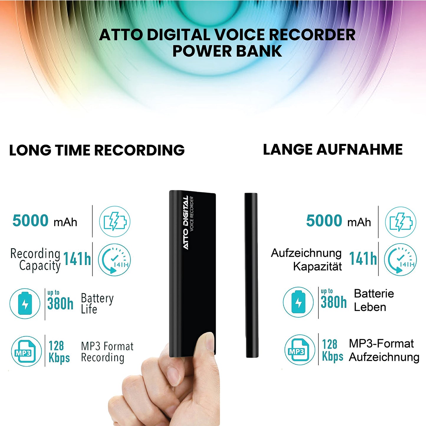 64GB Professional Recording Device - Voice Activation - 18 Days Operating Time - 11mm Thin - Power Bank Phone Charging Function - PoweREC by Atto Digital