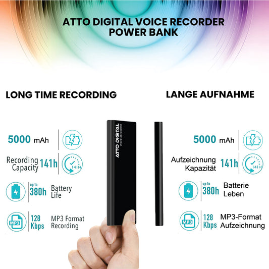 64GB Professional Recording Device - Voice Activation - 18 Days Operating Time - 11mm Thin - Power Bank Phone Charging Function - PoweREC by Atto Digital