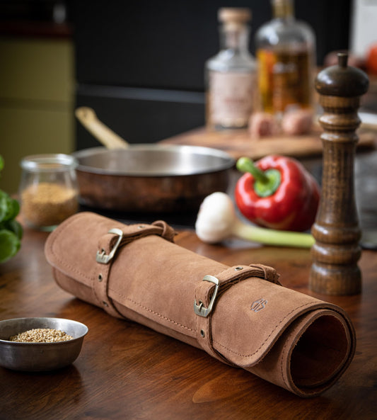 Angus Stoke knife bag leather chefs 7-compartment genuine leather chef knife roll large - knife bag cooking knives - chef bag Sam (Brown)