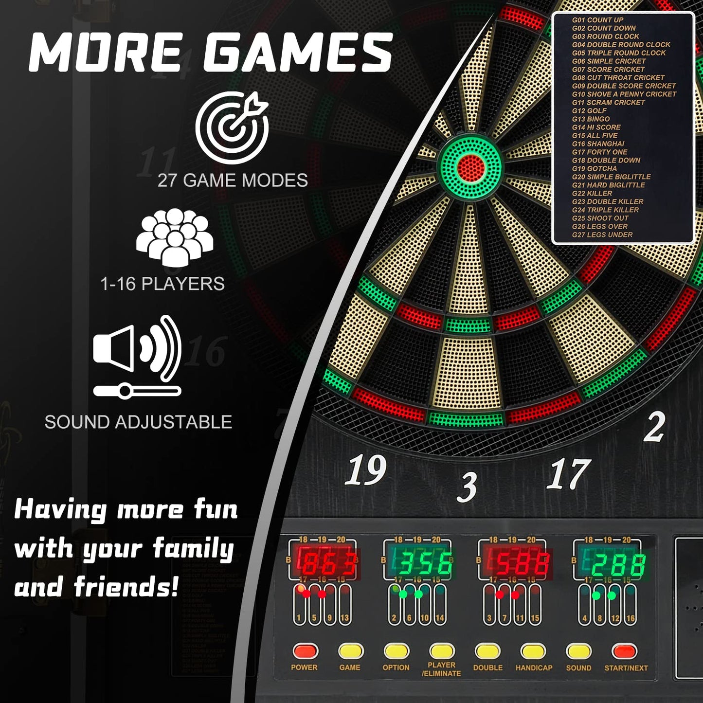 Brovamo dartboard, Decorative dartboard cabinet set [12*soft tip darts], Electronic dartboard, Wooden cabinet doors with integrated scoreboard [black]
