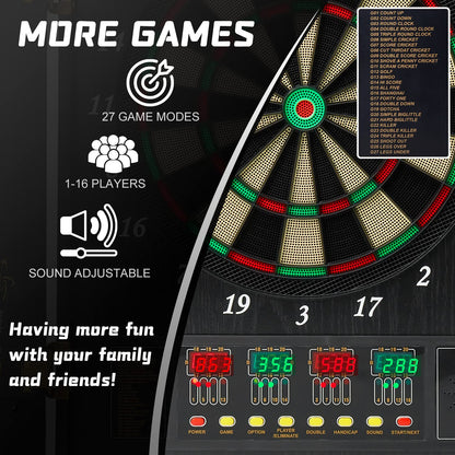 Brovamo dartboard, Decorative dartboard cabinet set [12*soft tip darts], Electronic dartboard, Wooden cabinet doors with integrated scoreboard [black]