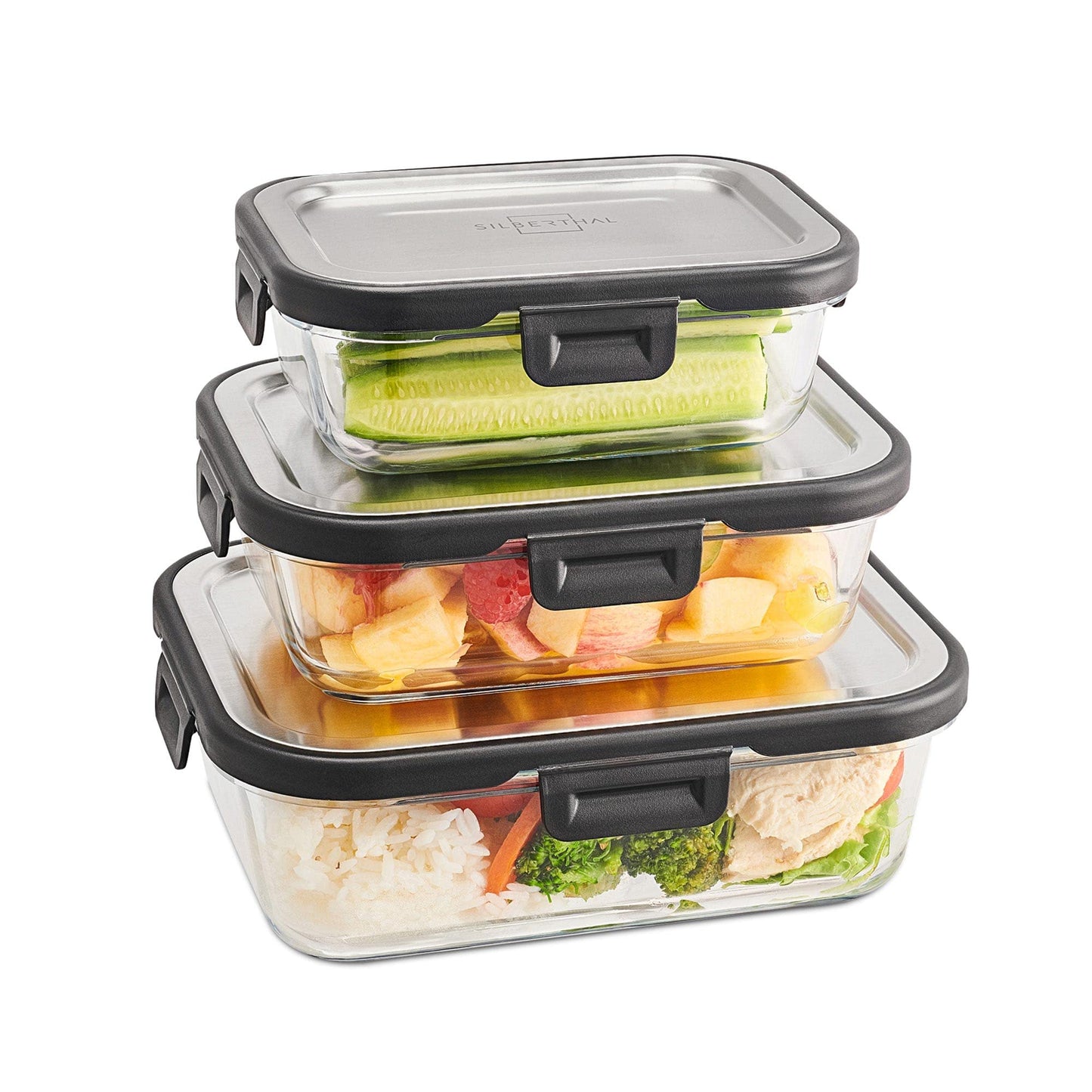 SILBERTHAL glass storage containers with stainless steel lids - airtight - set of 3 - sizes: 1L, 600ml, and 400ml.
