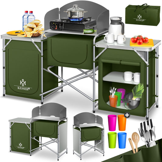 KESSER® camping kitchen | Includes carrying bag & cup set | Folding camping cabinet | with aluminum frame | Travel kitchen | Kitchen box | Tent cabinet | Outdoor camping kitchen | Khaki | Type Big